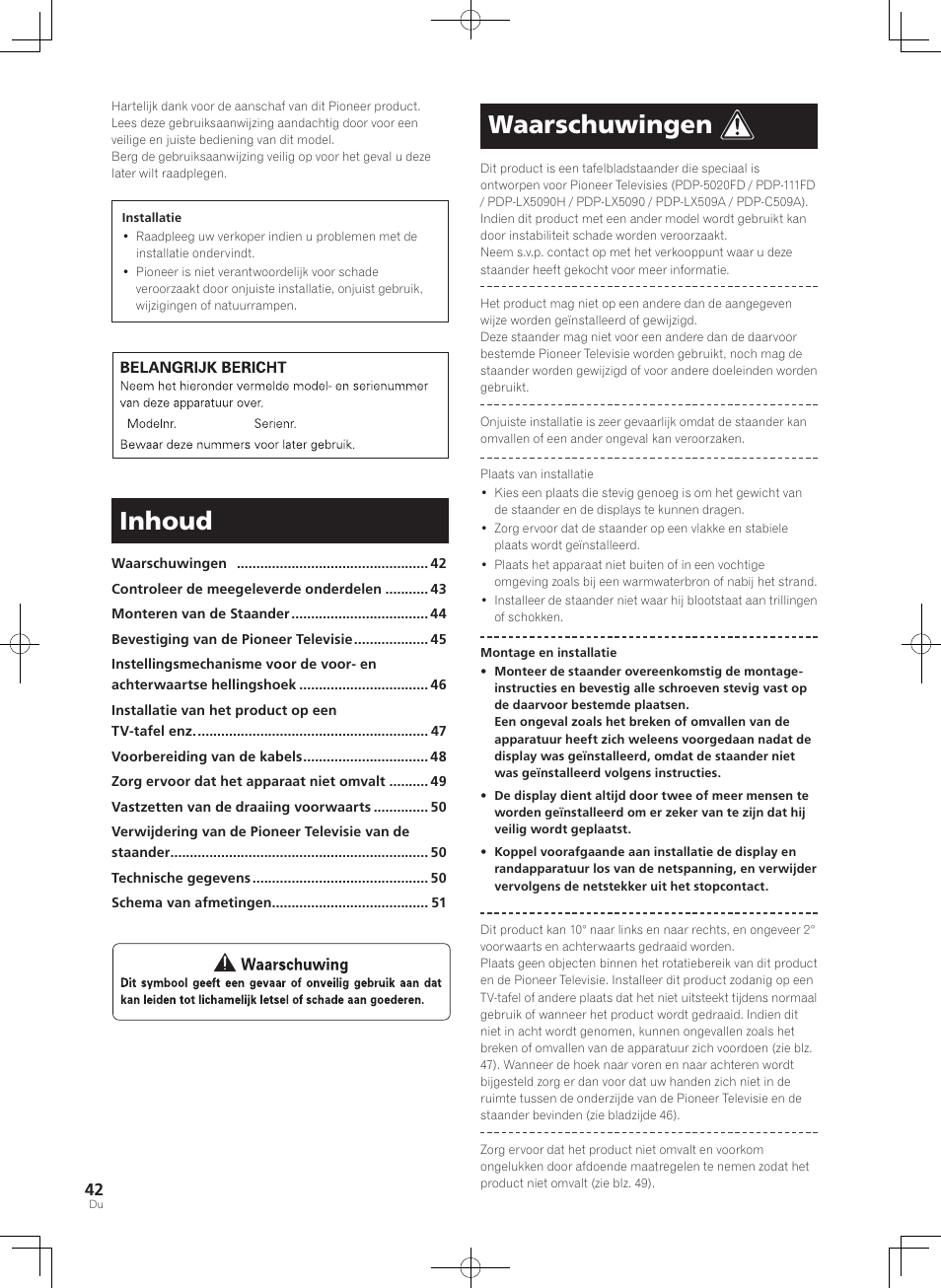 Inhoud, Waarschuwingen | Pioneer PDK-TS36B User Manual | Page 42 / 82