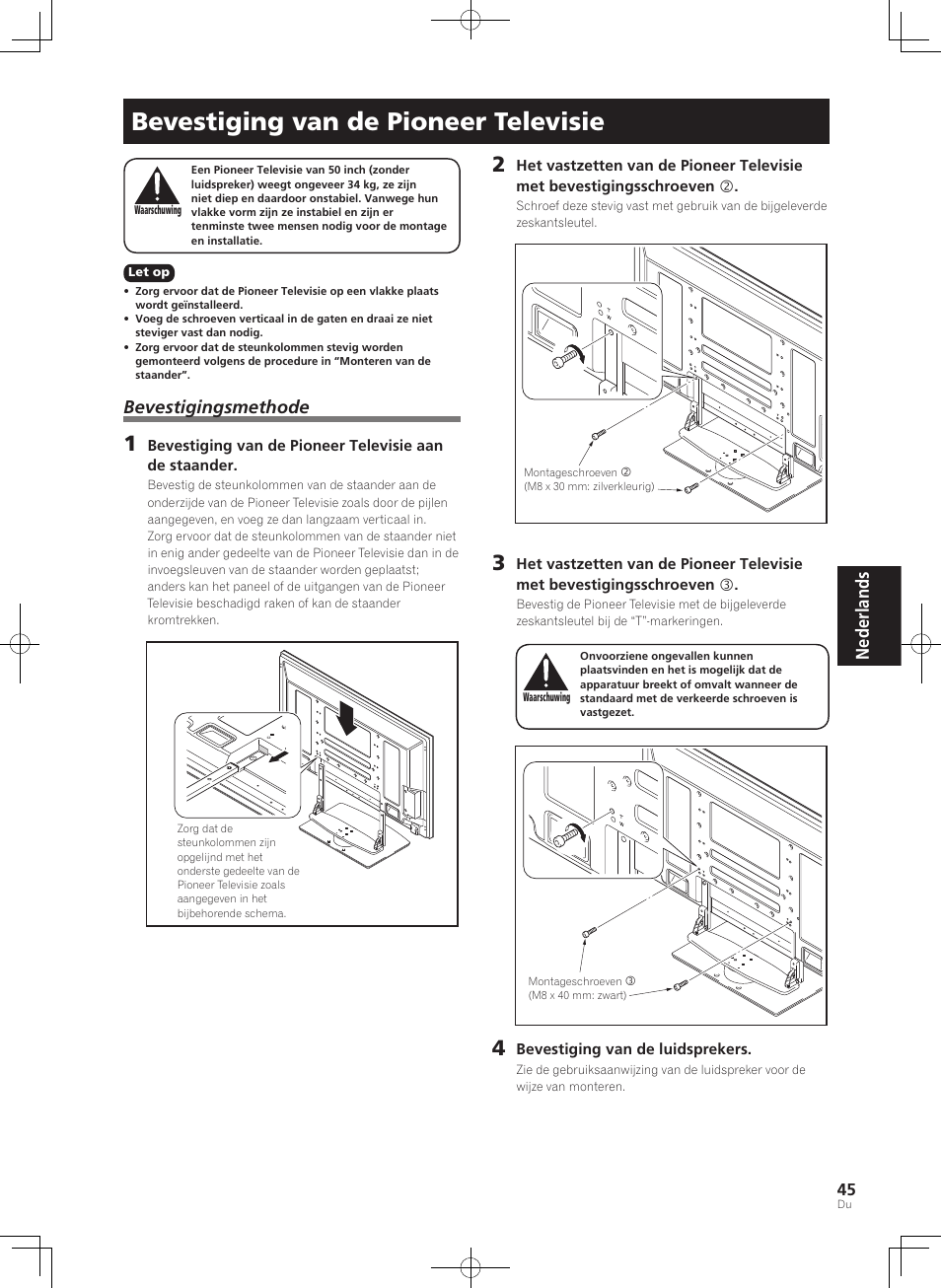 Bevestiging van de pioneer televisie, Nederlands, Bevestigingsmethode | Pioneer PDK-TS36B User Manual | Page 45 / 82