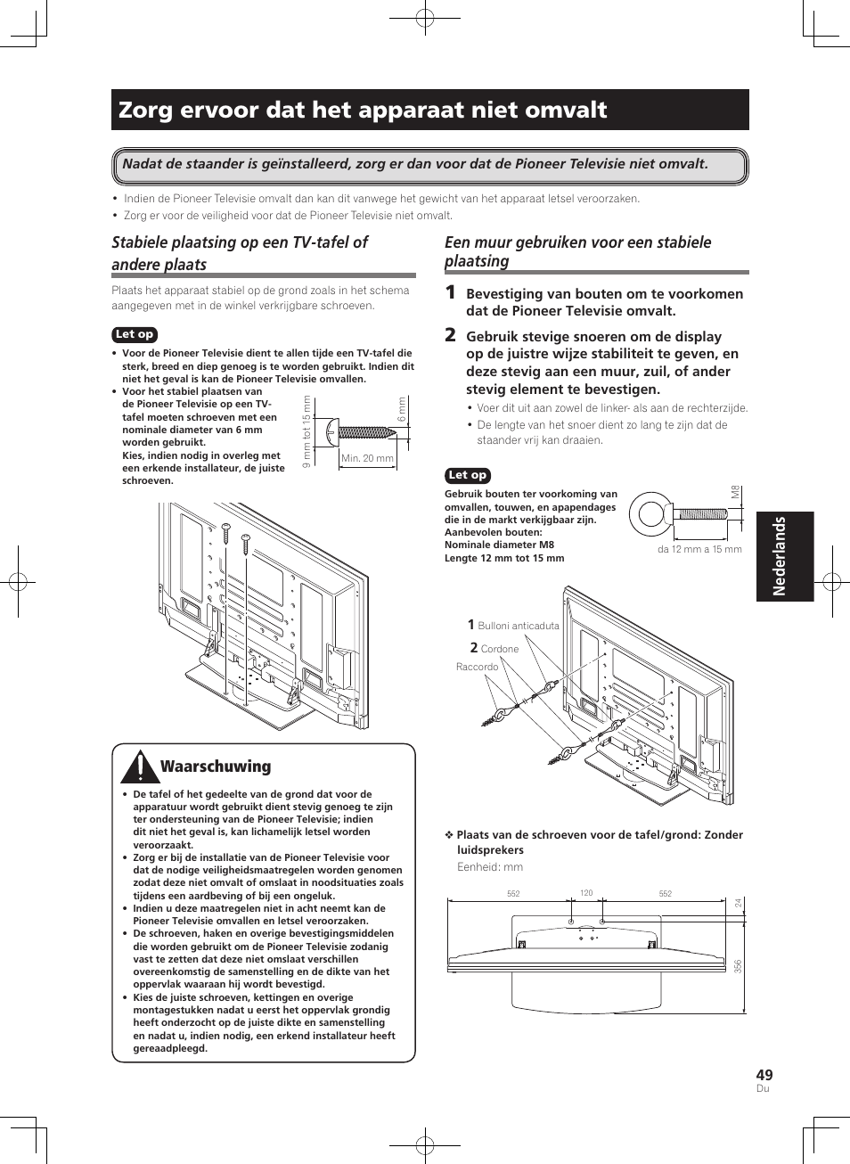 Zorg ervoor dat het apparaat niet omvalt, Nederlands, Een muur gebruiken voor een stabiele plaatsing | Pioneer PDK-TS36B User Manual | Page 49 / 82