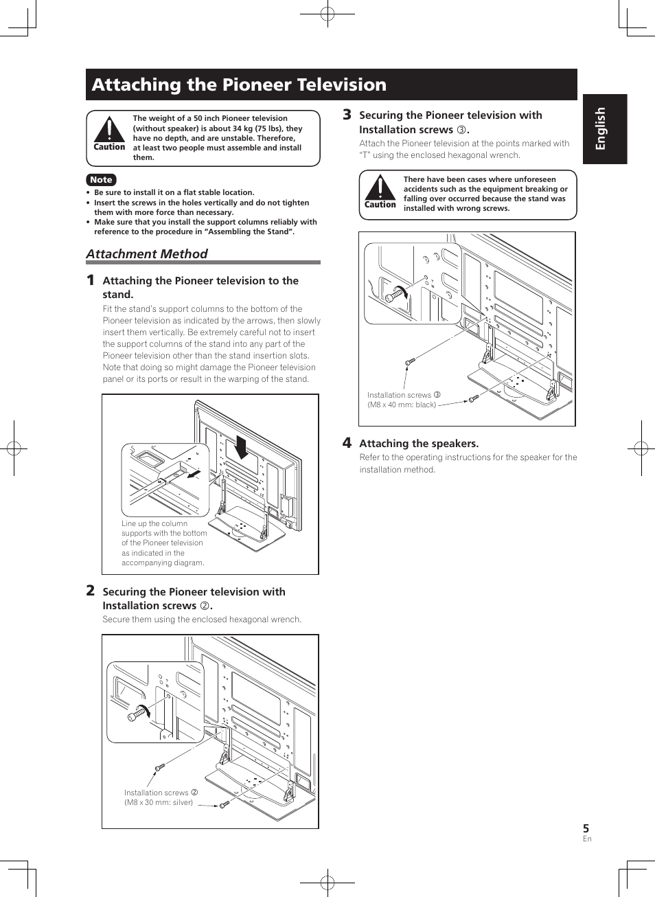 Attaching the pioneer television, English, Attachment method | Pioneer PDK-TS36B User Manual | Page 5 / 82