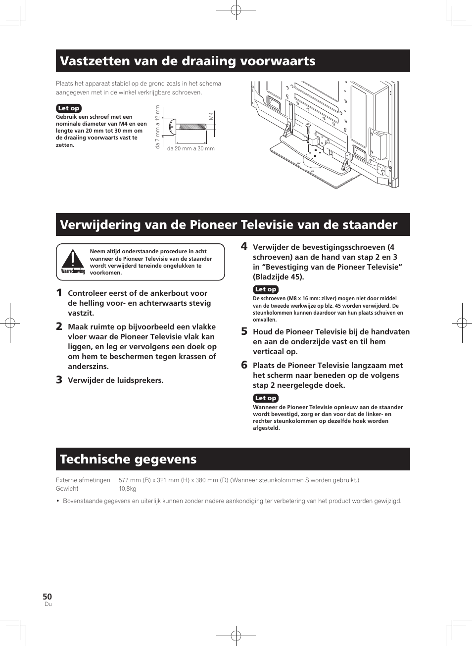 Vastzetten van de draaiing voorwaarts, Technische gegevens | Pioneer PDK-TS36B User Manual | Page 50 / 82