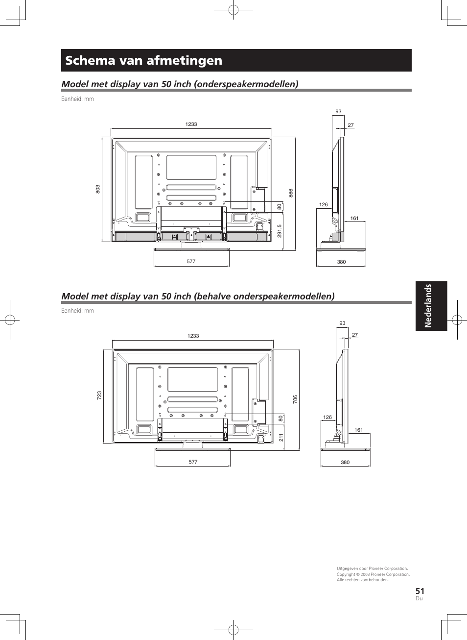 Schema van afmetingen, Nederlands | Pioneer PDK-TS36B User Manual | Page 51 / 82