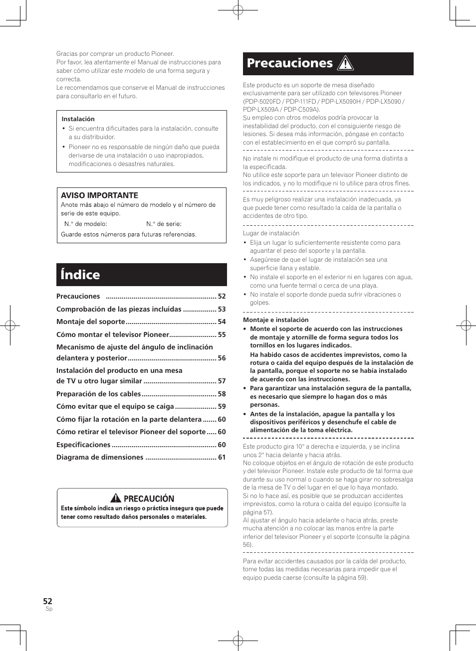 Índice, Precauciones | Pioneer PDK-TS36B User Manual | Page 52 / 82