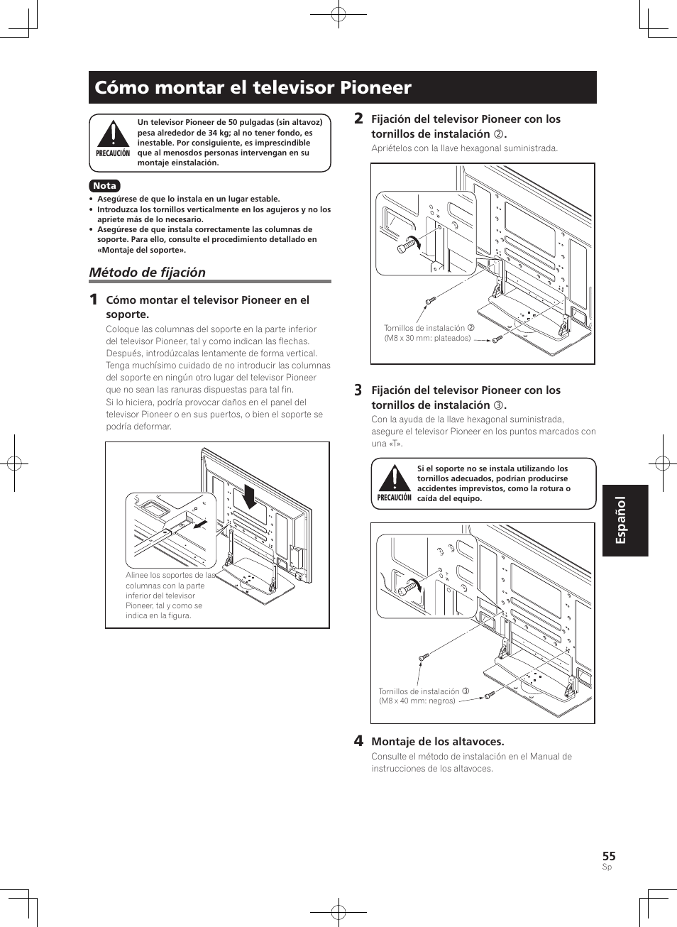 Cómo montar el televisor pioneer, Español, Método de fijación | Pioneer PDK-TS36B User Manual | Page 55 / 82