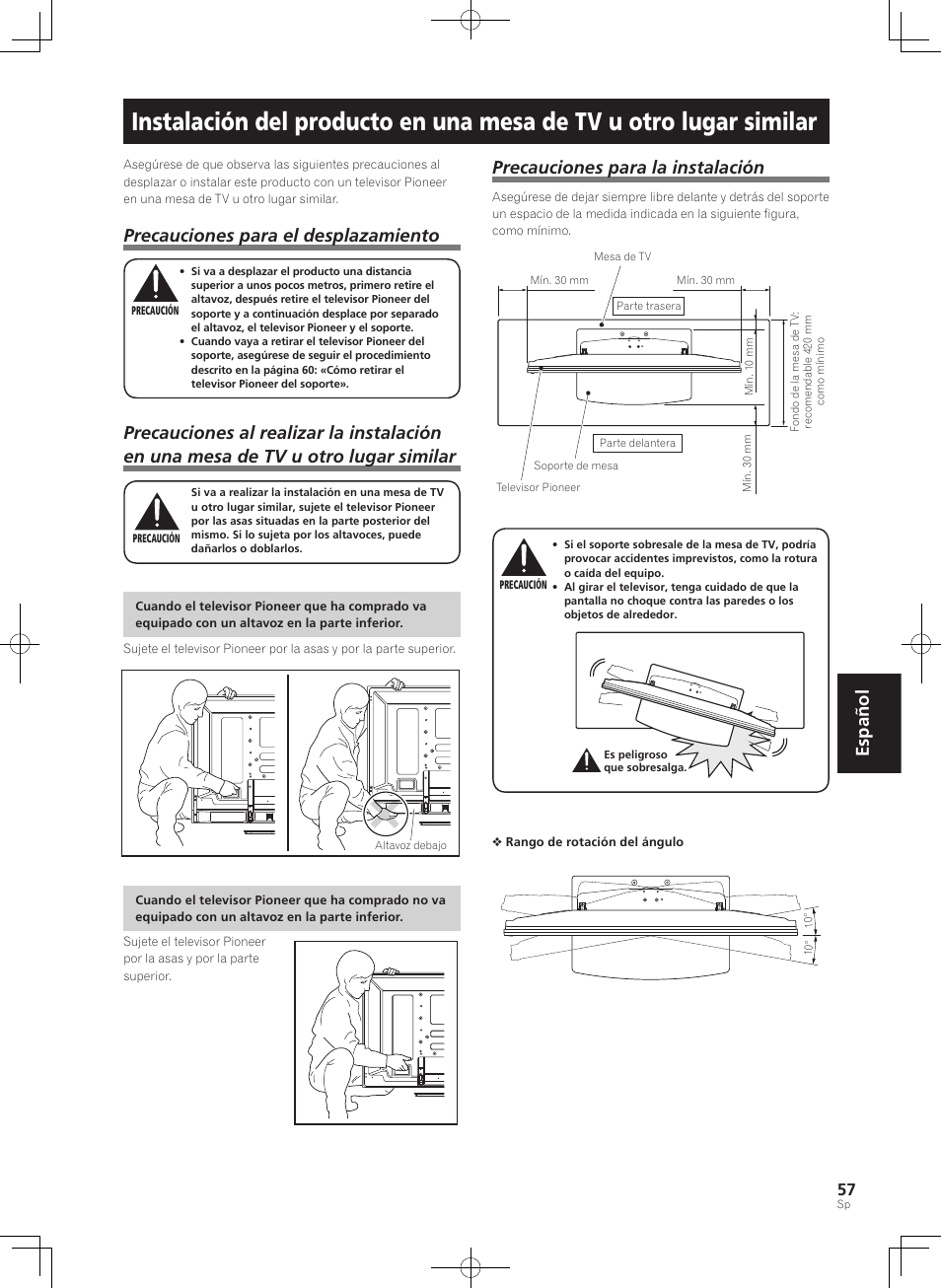 Español, Precauciones para el desplazamiento, Precauciones para la instalación | Pioneer PDK-TS36B User Manual | Page 57 / 82