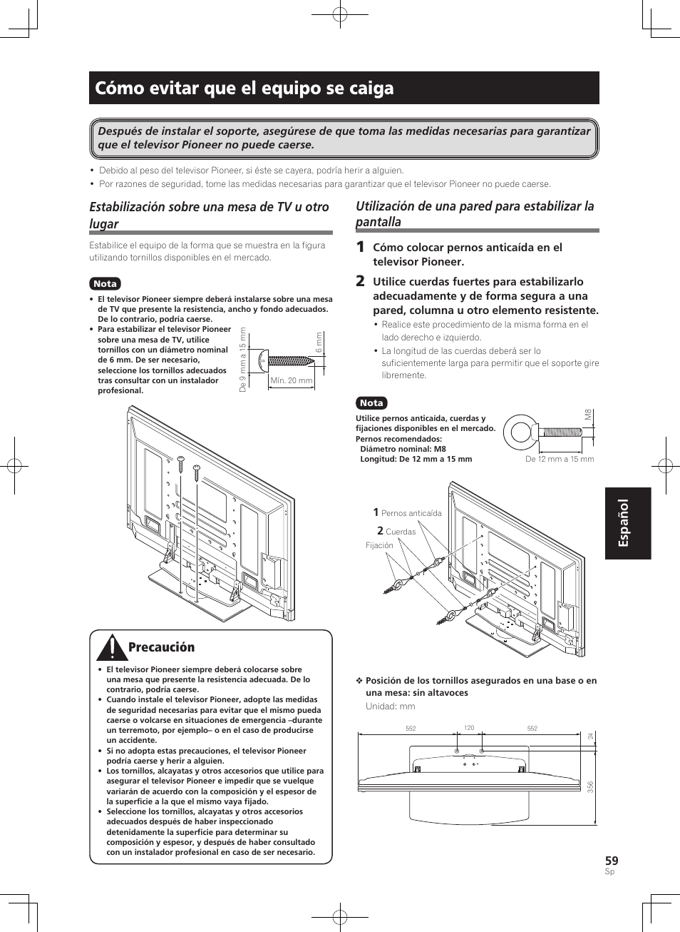 Cómo evitar que el equipo se caiga, Español, Estabilización sobre una mesa de tv u otro lugar | Pioneer PDK-TS36B User Manual | Page 59 / 82