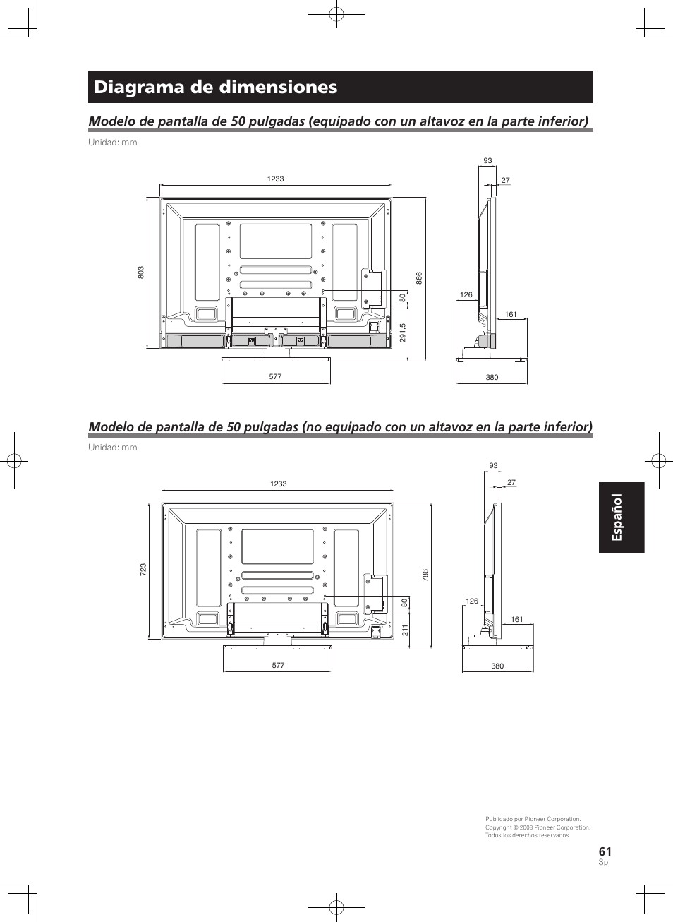 Diagrama de dimensiones, Español | Pioneer PDK-TS36B User Manual | Page 61 / 82
