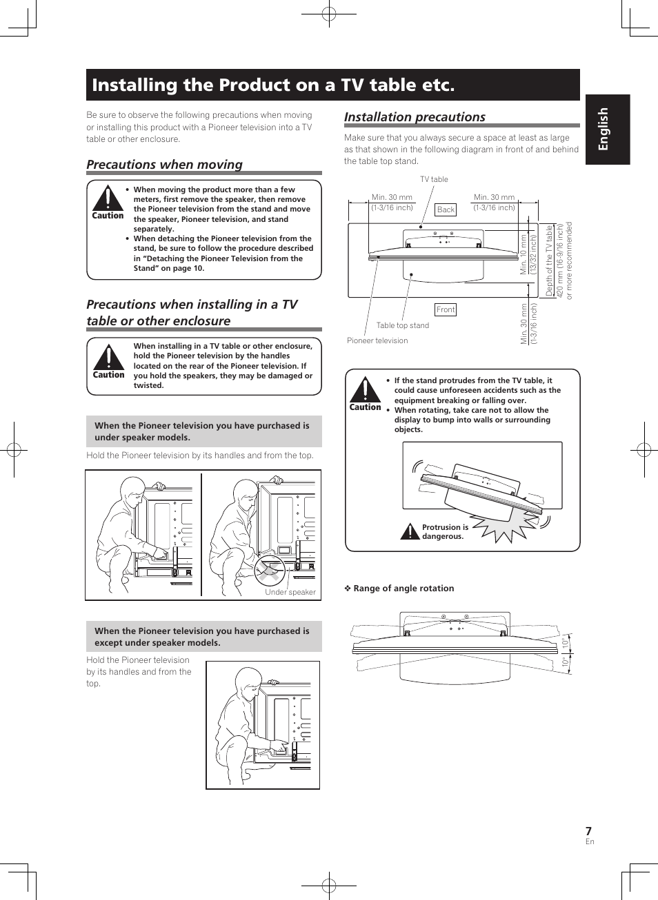 Installing the product on a tv table etc, English, Precautions when moving | Installation precautions | Pioneer PDK-TS36B User Manual | Page 7 / 82
