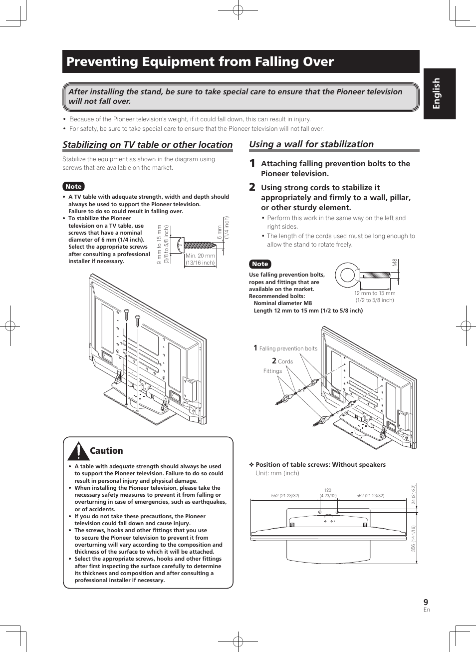 Preventing equipment from falling over, English, Stabilizing on tv table or other location | Using a wall for stabilization | Pioneer PDK-TS36B User Manual | Page 9 / 82