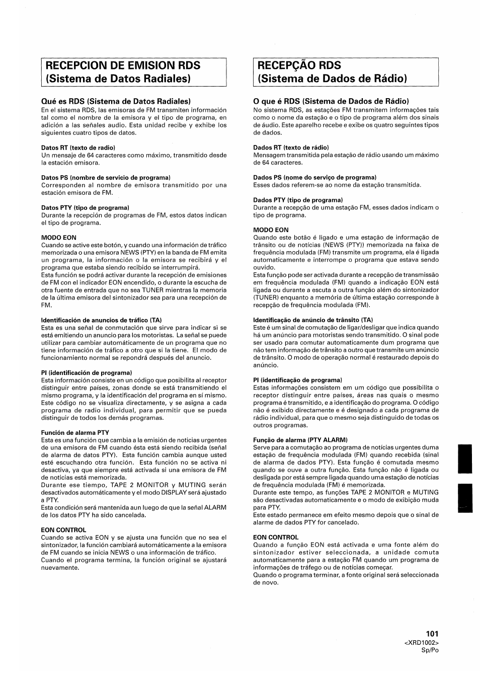 Qué es rds (sistema de datos radíales), O que é rds (sistema de dados de ràdio) | Pioneer SX-209RDS User Manual | Page 101 / 130