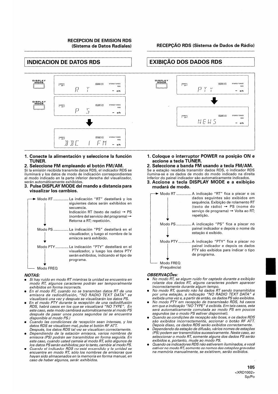 Indicacion de datos rds, Exibiqao dos dados rds, Seleccione fm empleando el botón fm/am | Seleccione a banda fm usando a tecla fm/am, Indicacion de datos rds exibiqao dos dados rds | Pioneer SX-209RDS User Manual | Page 105 / 130