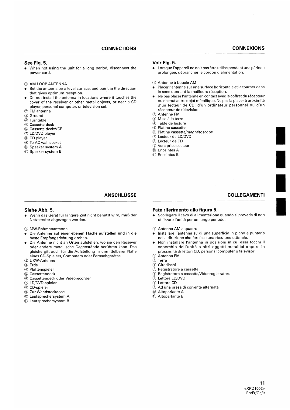 See fig. 5, Voir fig. 5, Anschlüsse | Siehe abb. 5, Collegamenti, Fate riferimento alla figura 5, Ii i i | Pioneer SX-209RDS User Manual | Page 11 / 130