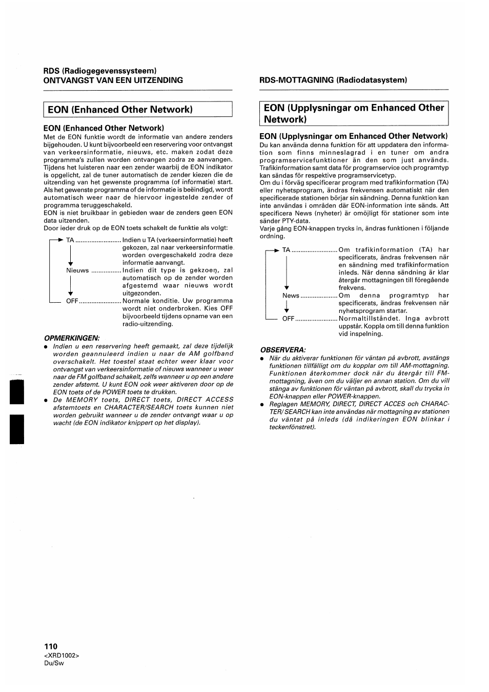Eon (enhanced other network), Eon (upplysningar om enhanced other network) | Pioneer SX-209RDS User Manual | Page 110 / 130