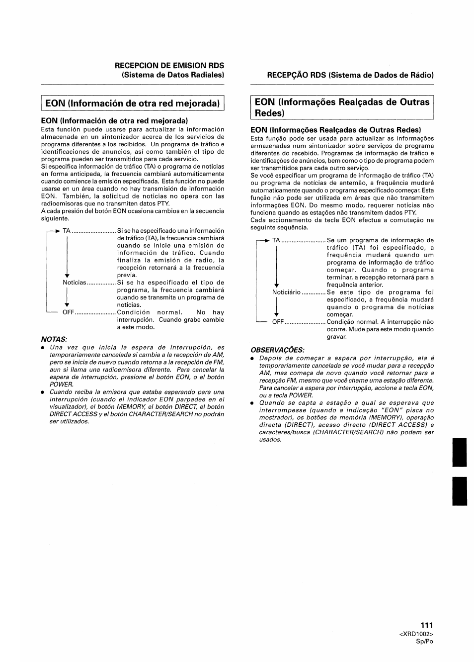 Eon (información de otra red mejorada), Eon (informagoes realgadas de outras redes) | Pioneer SX-209RDS User Manual | Page 111 / 130