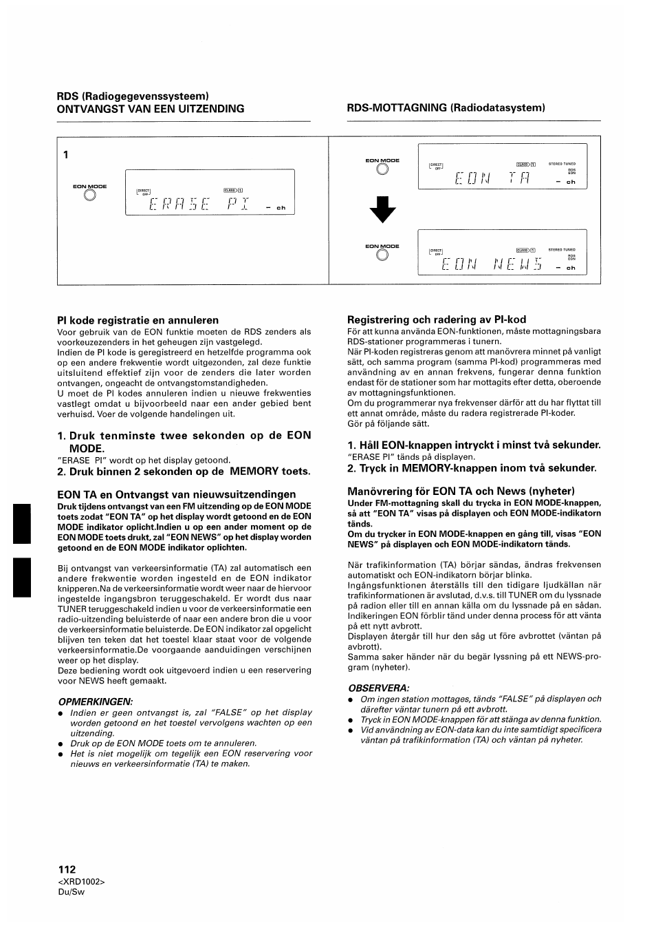 Pi kode registratie en annuleren, Druk tenminste twee sekonden op de eon mode, Druk binnen 2 sekonden op de memory toets | Eon ta en ontvangst van nieuwsuitzendingen, Registrering och radering av pl-kod, Hall eon-knappen intryckt i minsttva sekunder, Tryck in memory-knappen inom tva sekunder, Manövrering för eon ta och news (nyheter) | Pioneer SX-209RDS User Manual | Page 112 / 130