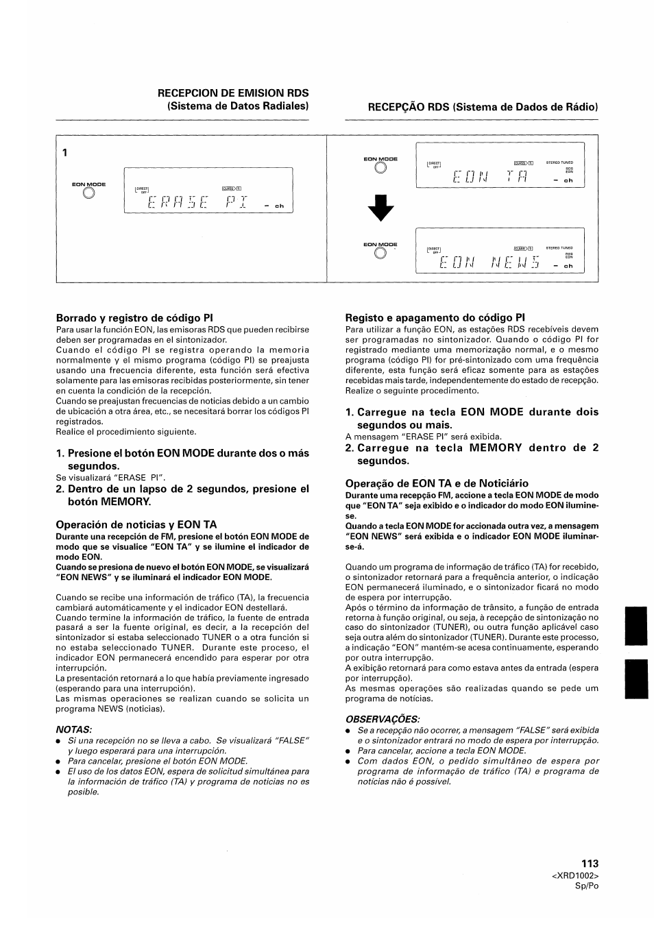 Borrado y registro de código pl, Registe e apagamento do código pl, Carregue na tecla memory dentro de 2 segundos | Operagao de eon ta e de noticiário | Pioneer SX-209RDS User Manual | Page 113 / 130