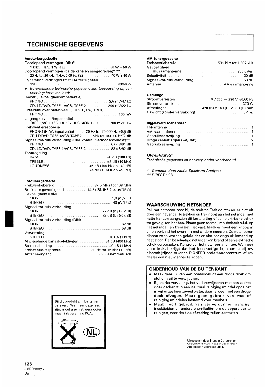 Waarschuwing netsnoer, Onderhoud van de buitenkant | Pioneer SX-209RDS User Manual | Page 126 / 130