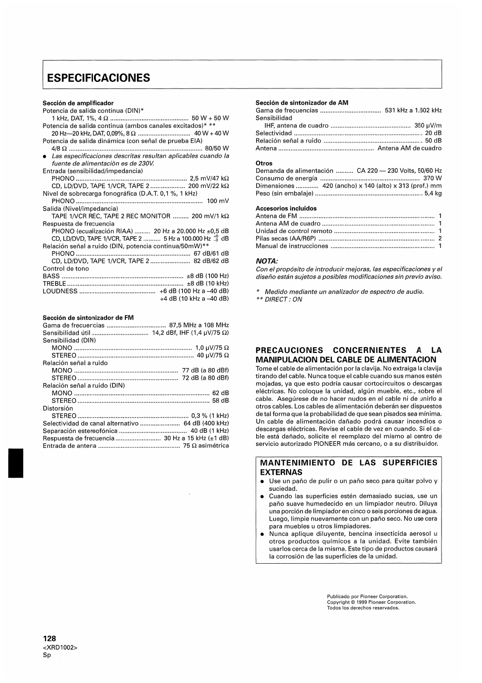 Mantenimiento, Externas, De las superficies | Pioneer SX-209RDS User Manual | Page 128 / 130