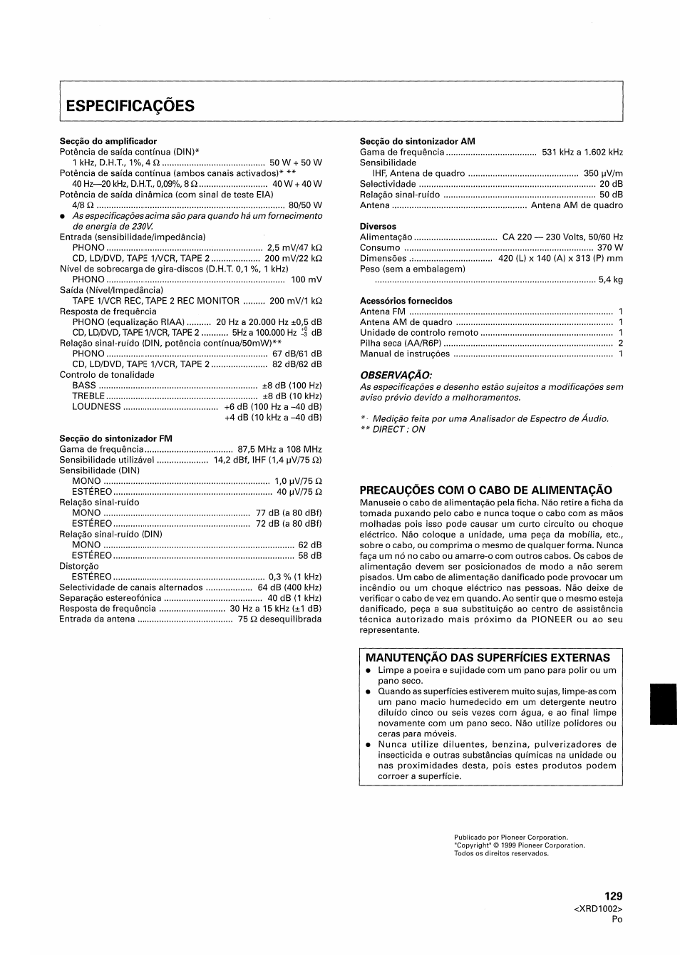 Precaugoes com o cabo de alimeimtaqao, Manutençâo das superfícies externas | Pioneer SX-209RDS User Manual | Page 129 / 130