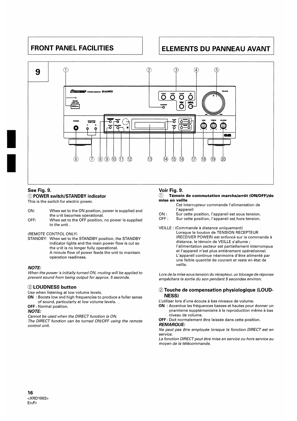 See fig. 9, Power switch/standby indicator, Loudness button | Voir fig. 9, Touche de compensation physiologique (loudness) | Pioneer SX-209RDS User Manual | Page 16 / 130