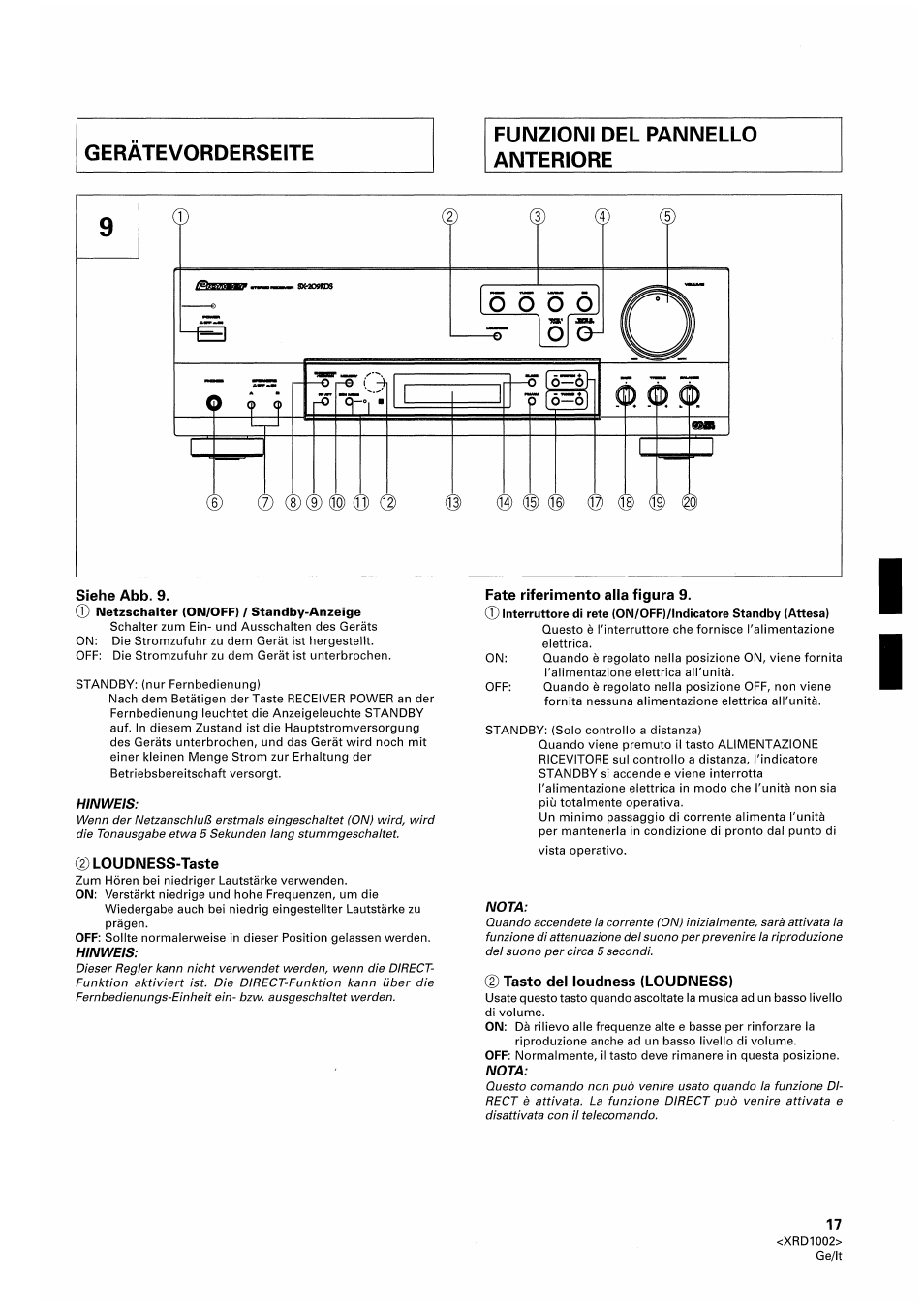 Siehe abb. 9, Dloudness-taste, Fate riferimento alla figura 9 | Tasto del loudness (loudness), Funzioni del pannello anteriore | Pioneer SX-209RDS User Manual | Page 17 / 130