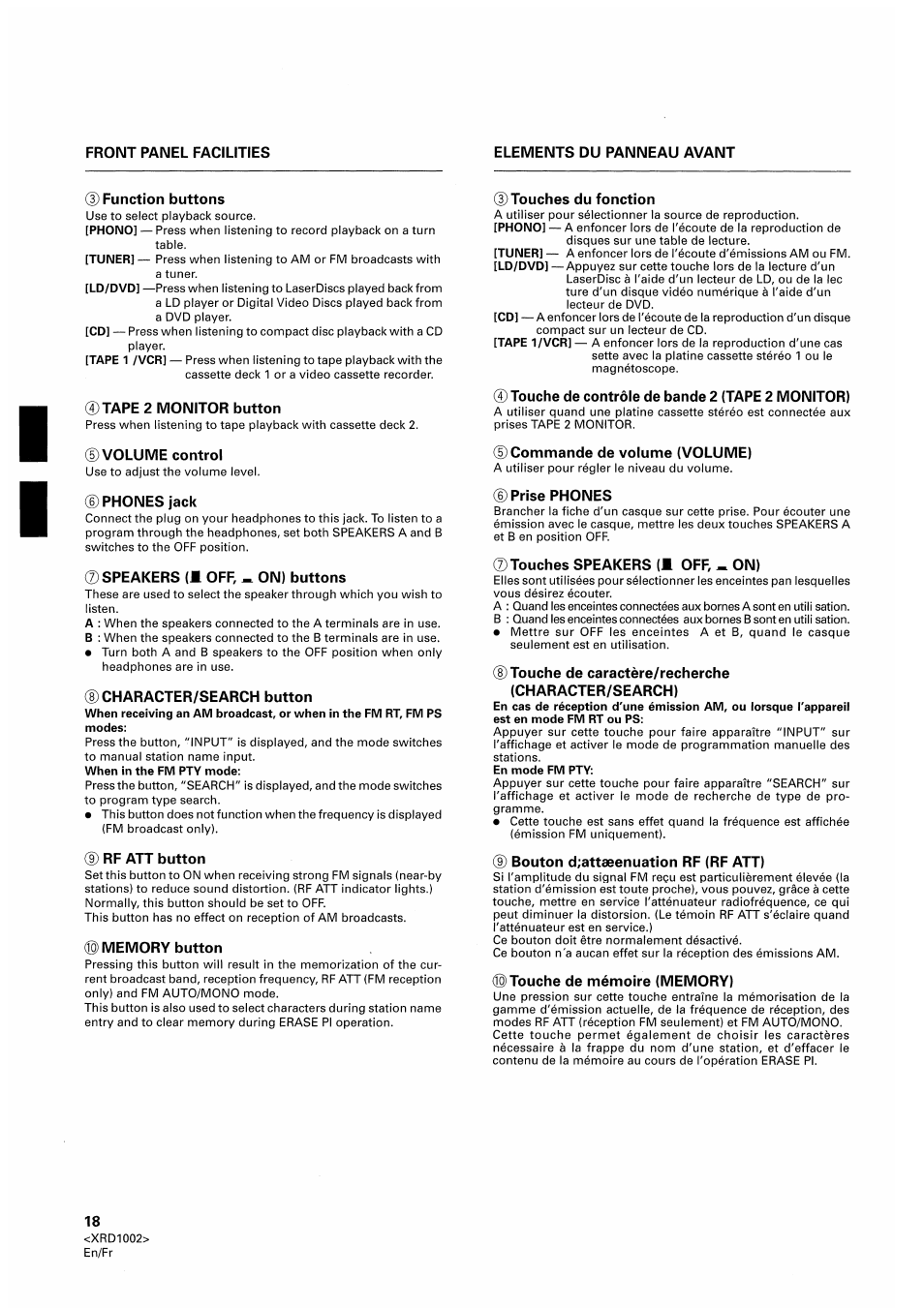 Function buttons, Tape 2 monitor button, Volume control | Phones jack, Speakers (m off, * on) buttons, Character/search button, Rf att button, Memory button, Touches du fonction, Touche de contrôle de bande 2 (tape 2 monitor) | Pioneer SX-209RDS User Manual | Page 18 / 130