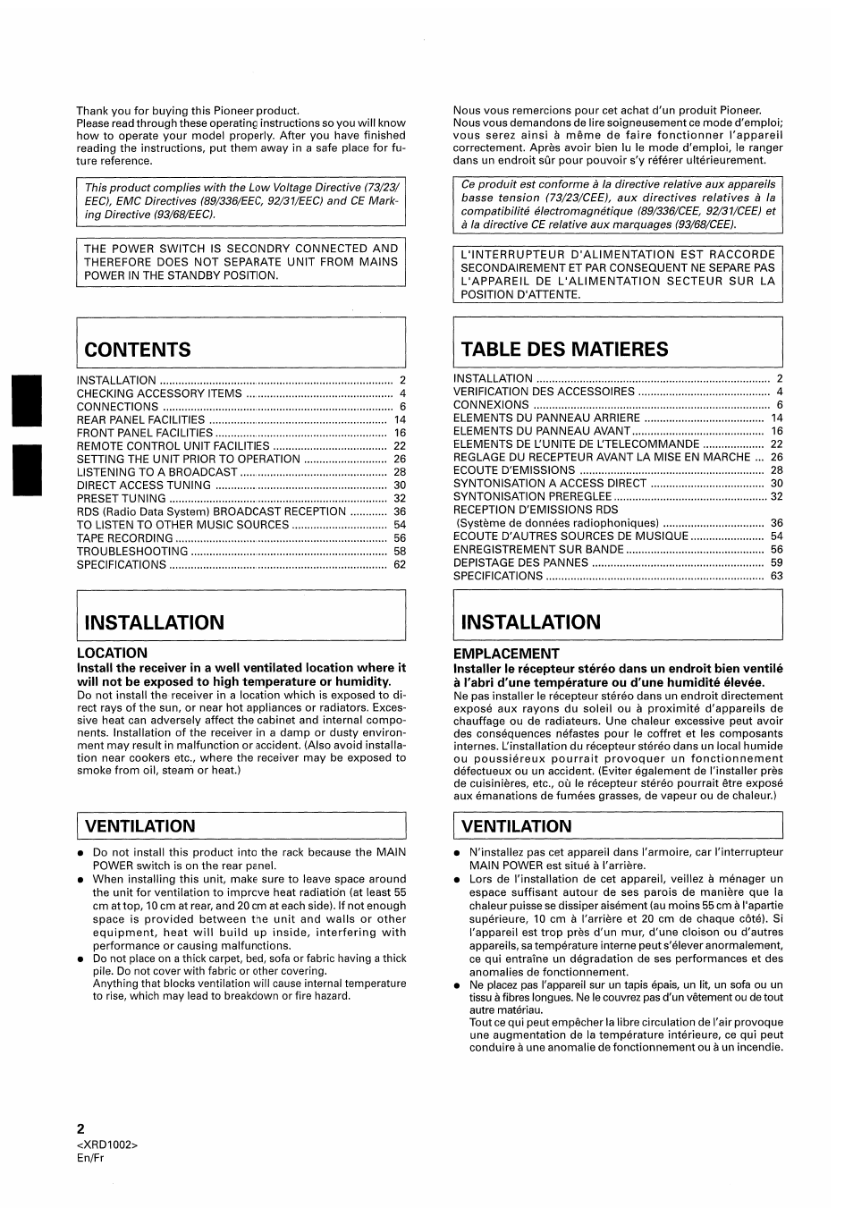 Location, Ventilation, Emplacement | Table des matieres | Pioneer SX-209RDS User Manual | Page 2 / 130