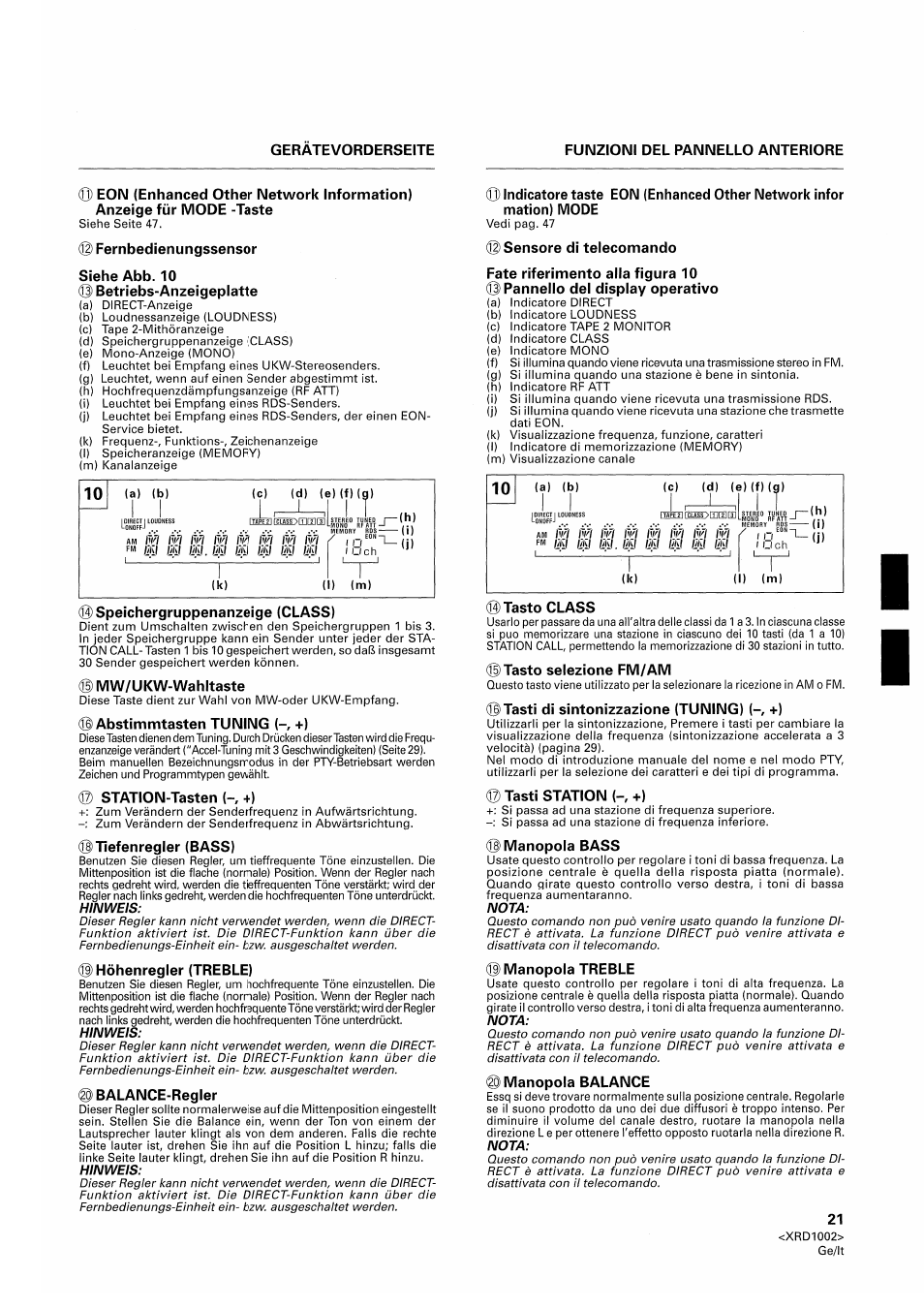 Fernbedienungssensor, Siehe abb. 10 © betriebs-anzeigeplatte, Speichergruppenanzeige (class) | Mw/ukw-wahltaste, Abstimmtasten tuning {-, -h), Station-tasten (-, +), Tiefenregler (bass), Höhenregler (treble), Balance-regler, Sensore di telecomando | Pioneer SX-209RDS User Manual | Page 21 / 130