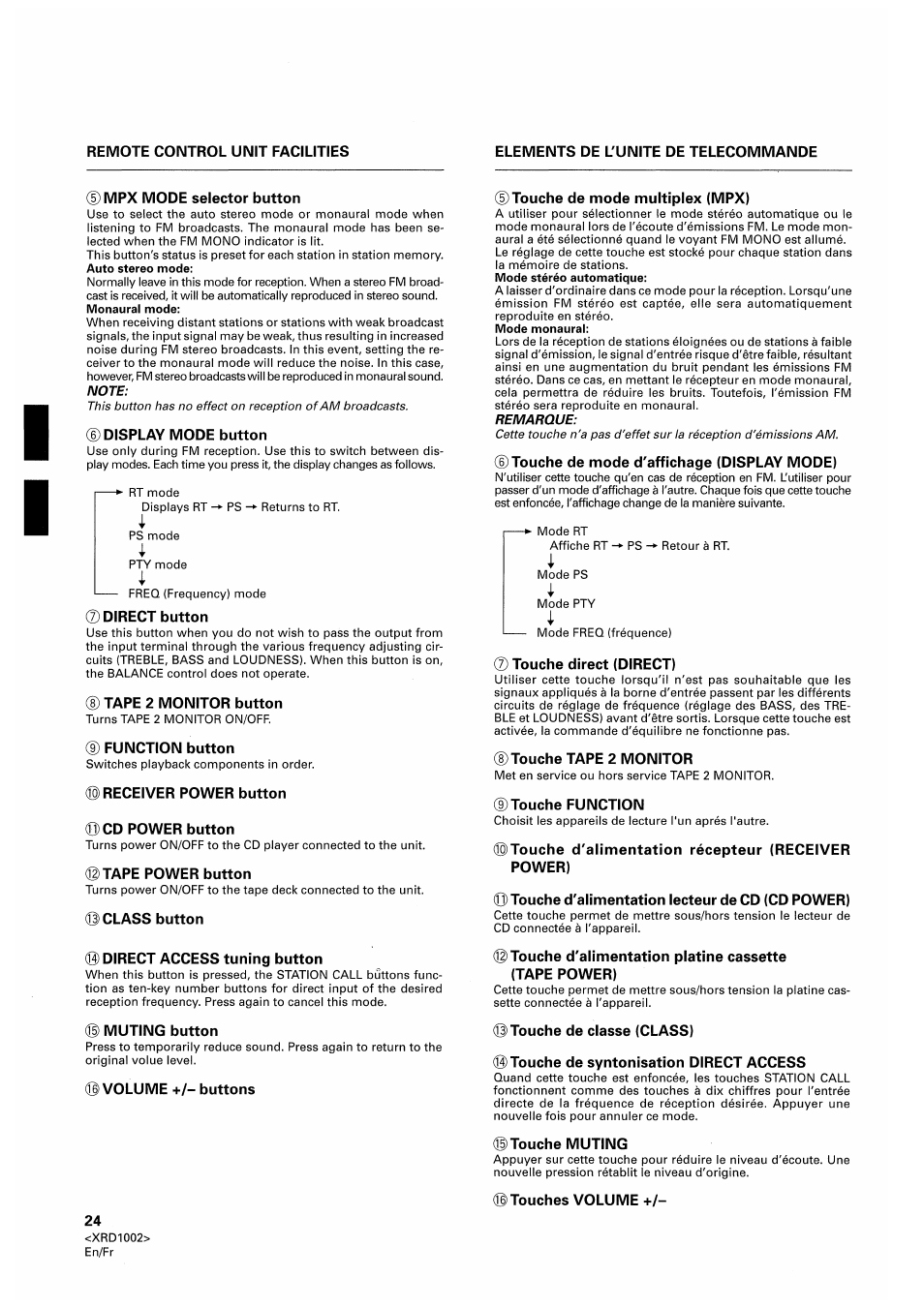 Elements de l'unite de telecommande, Mpx mode selector button, Display mode button | Direct button, Tape 2 monitor button, Function button, Receiver power button ® cd power button, Tape power button, Class button, Direct access tuning button | Pioneer SX-209RDS User Manual | Page 24 / 130