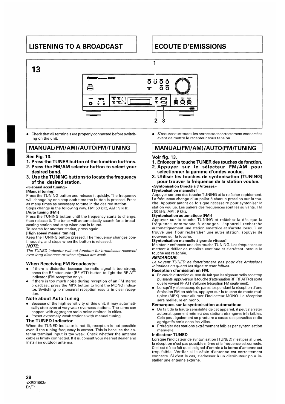 Manual(fm/am)/auto(fm)tuning, See fig. 13, Press the tuner button of the function buttons | When receiving fm broadcasts, Note about auto tuning, The tuned indicator, Voir fig. 13, Enfoncer la touche tuner des touches de fonction | Pioneer SX-209RDS User Manual | Page 28 / 130