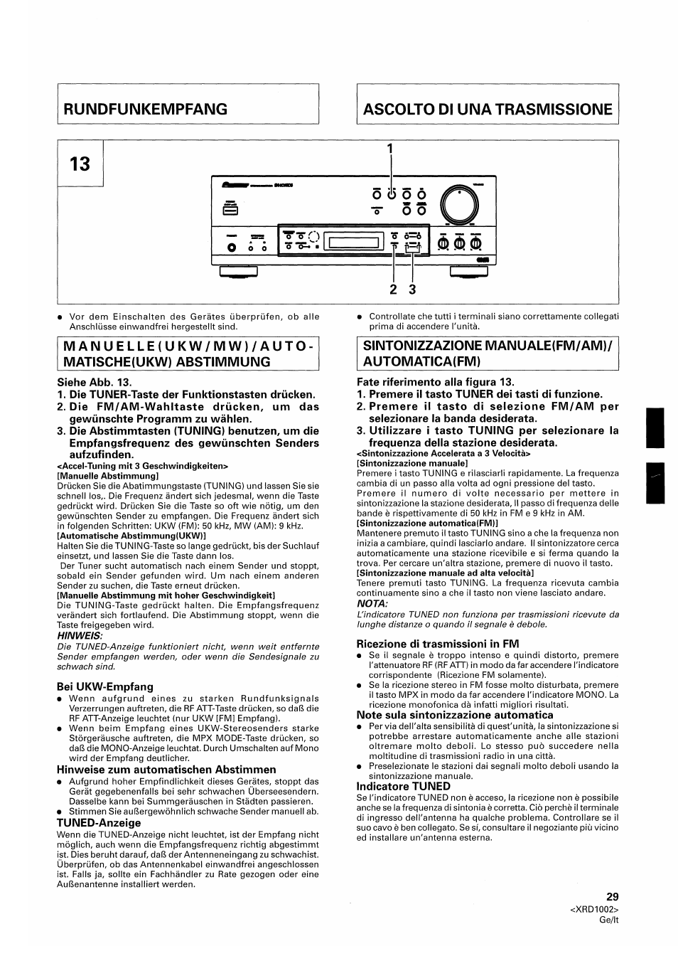 Manuelle(ukw/mw)/auto- matische(ukw) abstimmung, Sintonizzazione manuale(fm/am)/ automatica(fm) | Pioneer SX-209RDS User Manual | Page 29 / 130