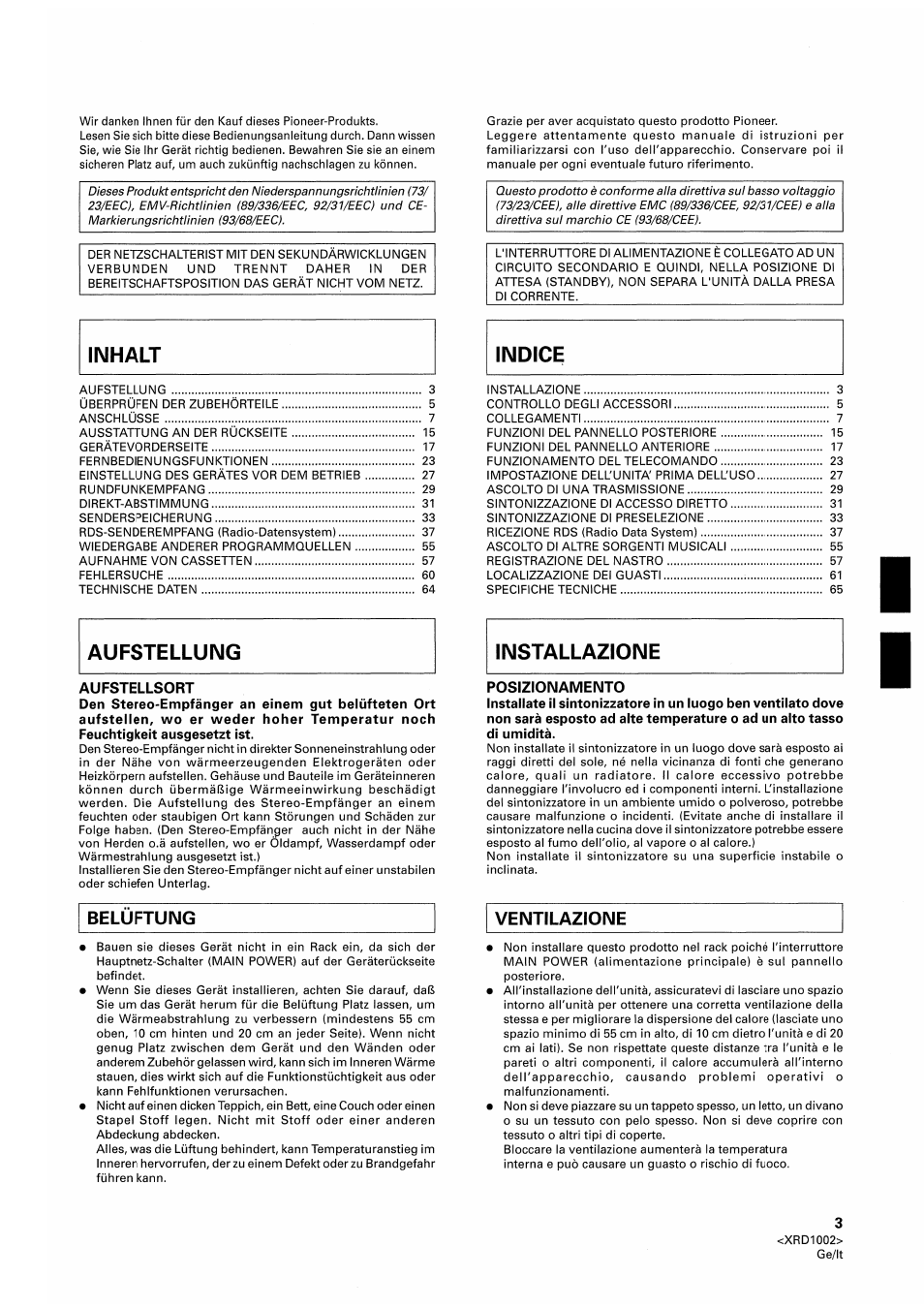 Belüftung, Ventilazione, Indice | Pioneer SX-209RDS User Manual | Page 3 / 130