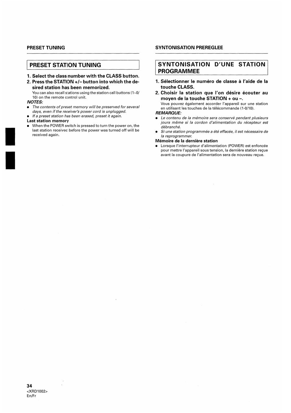Syntonisation prereglee, Select the class number with the class button, Syntonisation d'une station programmee | Pioneer SX-209RDS User Manual | Page 34 / 130