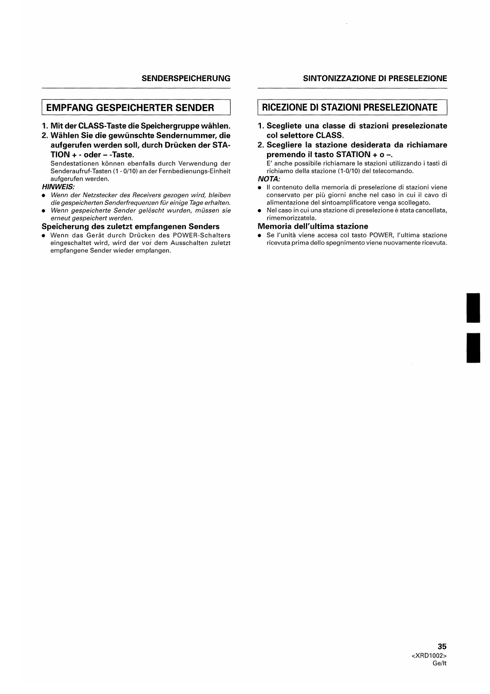 Sintonizzazione dl preselezione, Empfang gespeicherter sender, Ricezione dl stazioni preselezionate | Mit der class-taste die speichergruppe wählen, Speicherung des zuletzt empfangenen senders, Memoria dell'ultima stazione, Sintonizzazione di preselezione | Pioneer SX-209RDS User Manual | Page 35 / 130