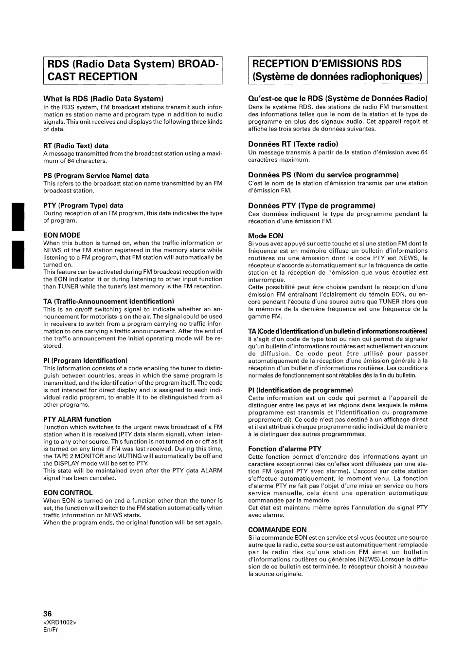 What is rds (radio data system), Qu'est-ce que le rds (système de données radio), Données rt (texte radio) | Données ps (nom du service programme), Données pty (type de programme), Ricezione rds (radio data system) | Pioneer SX-209RDS User Manual | Page 36 / 130