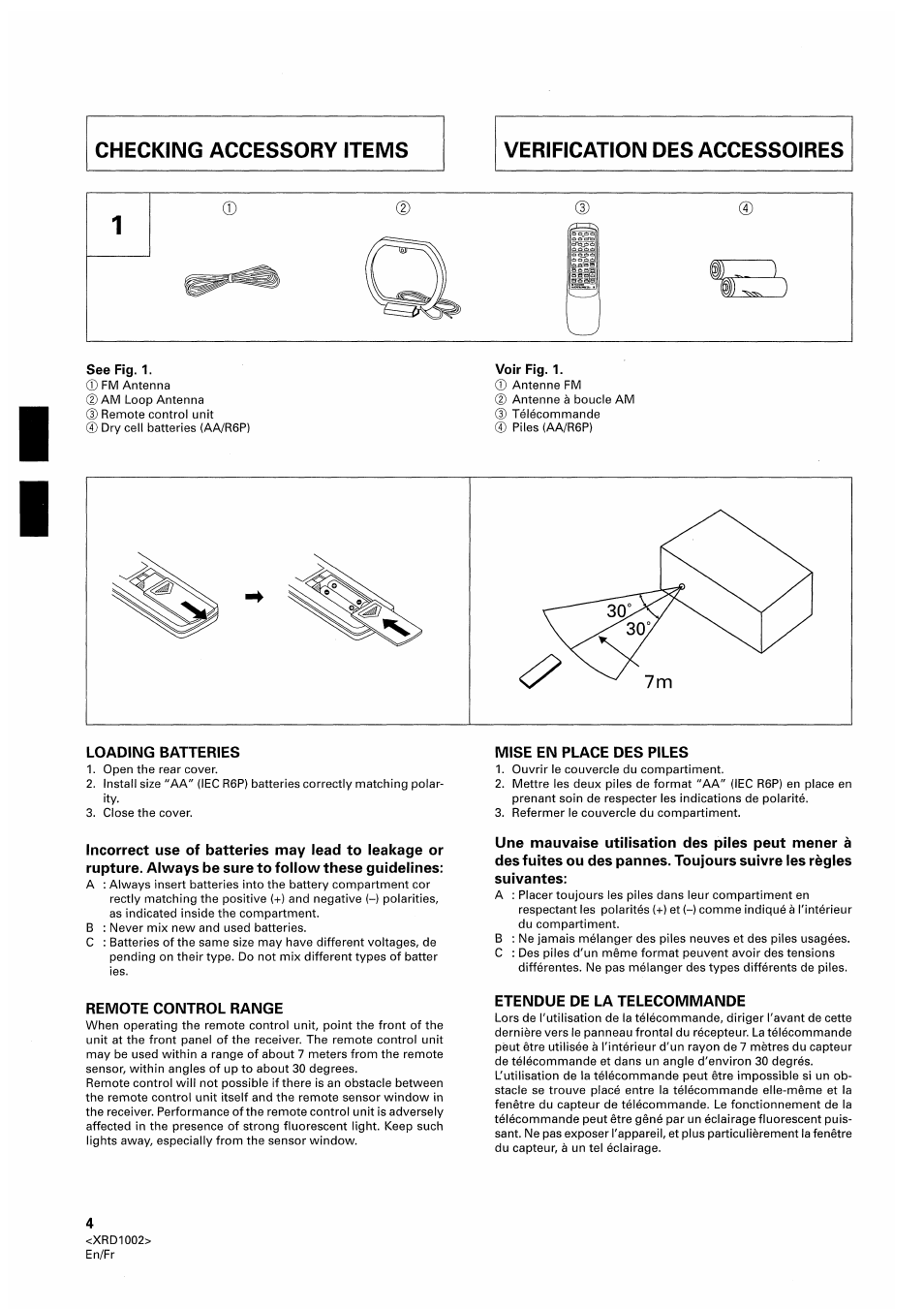 Loading batteries, Mise en place des piles, Une mauvaise utilisation des piles peut mener à | Suivantes, Remote control range, Etendue de la telecommande | Pioneer SX-209RDS User Manual | Page 4 / 130