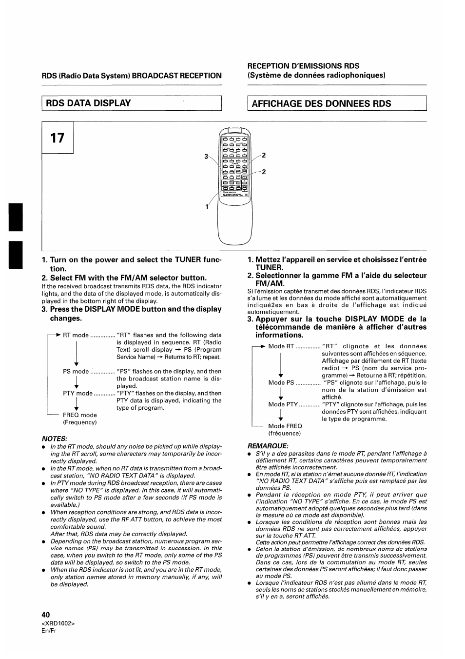 Rds data display, Affichage des donnees rds | Pioneer SX-209RDS User Manual | Page 40 / 130