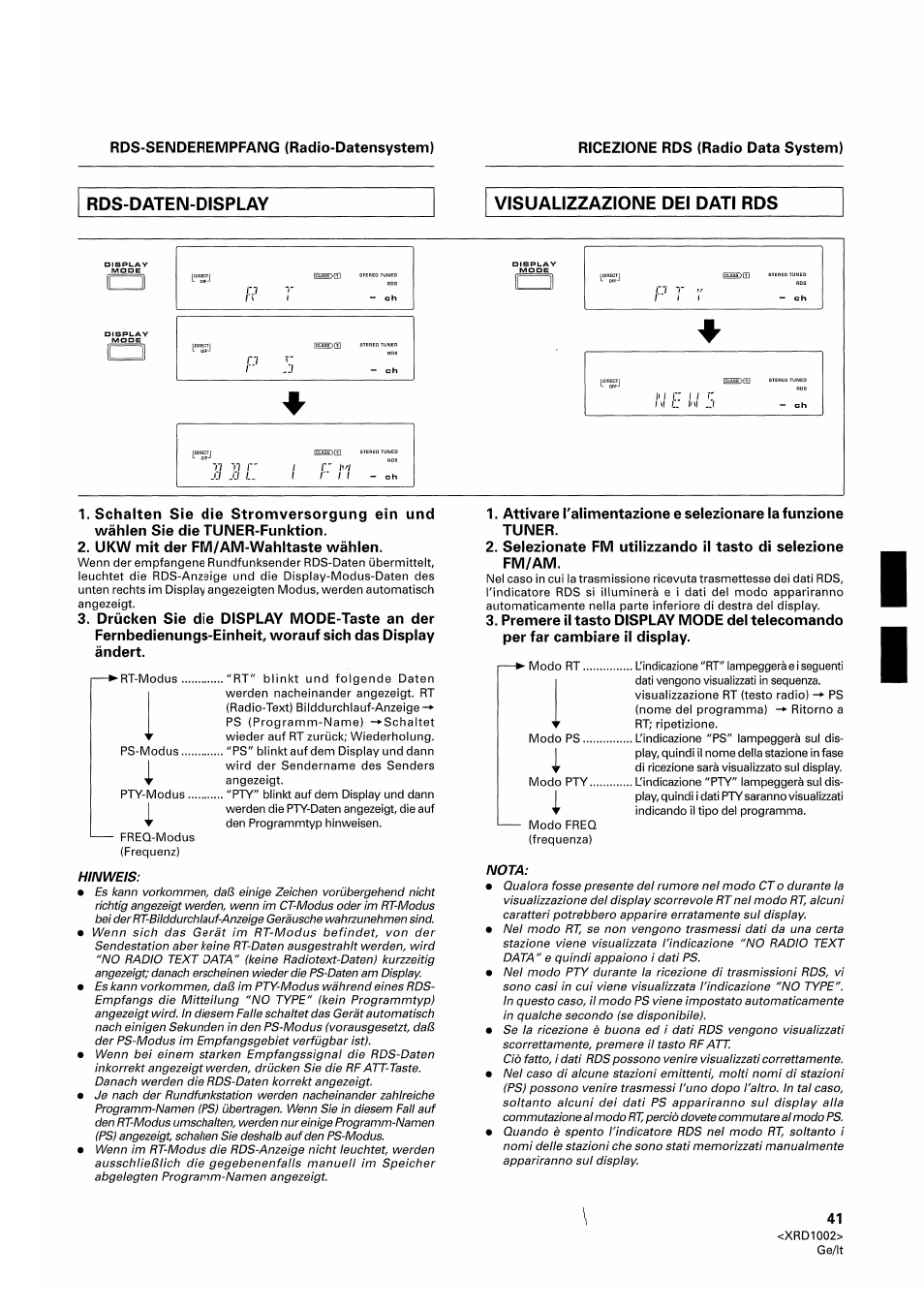 Rds-daten-display, Visualizzazione dei dati rds, Ukw mit der fm/am-wahltaste wählen | Rds-daten-display visualizzazione dei dati rds | Pioneer SX-209RDS User Manual | Page 41 / 130
