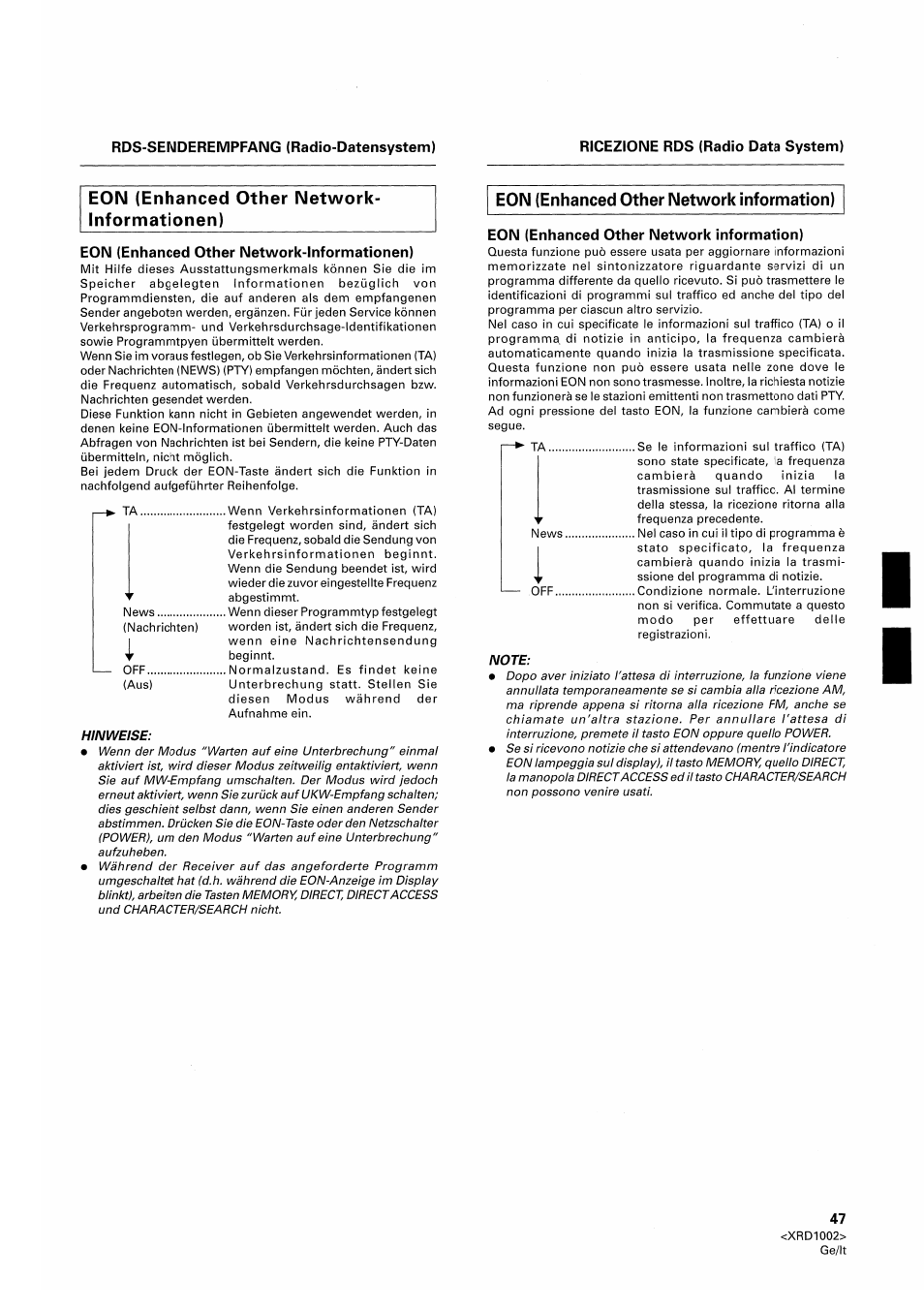Eon (enhanced other network- informationen), Eon (enhanced other network-informationen), Eon (enhanced other network information) | Pioneer SX-209RDS User Manual | Page 47 / 130