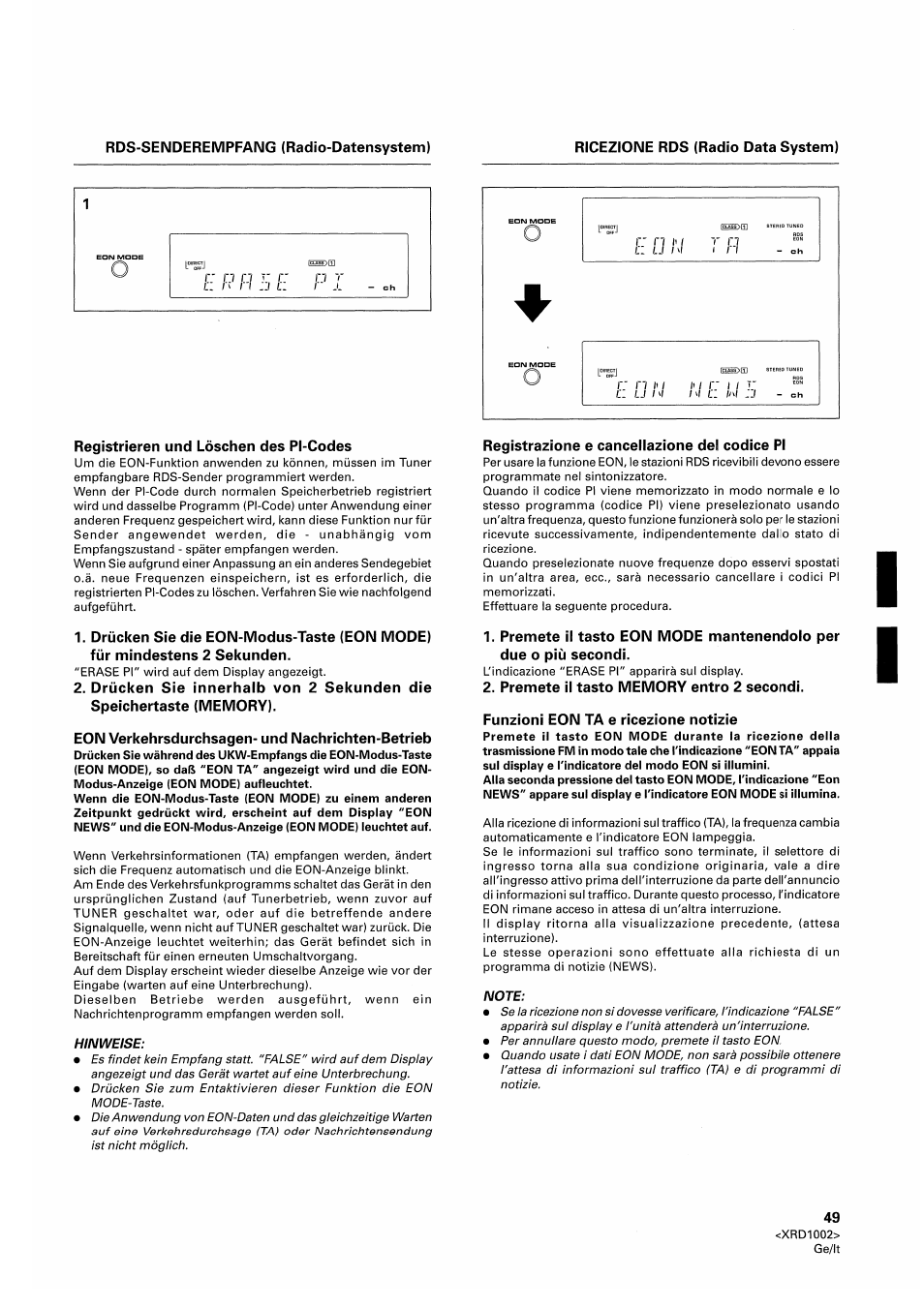 Registrieren und löschen des pl-codes, Eon verkehrsdurchsagen- und nachrichten-betrieb, Registrazione e cancellazione del codice pi | Premete il tasto memory entro 2 secondi, Funzioni eon ta e ricezione notizie | Pioneer SX-209RDS User Manual | Page 49 / 130
