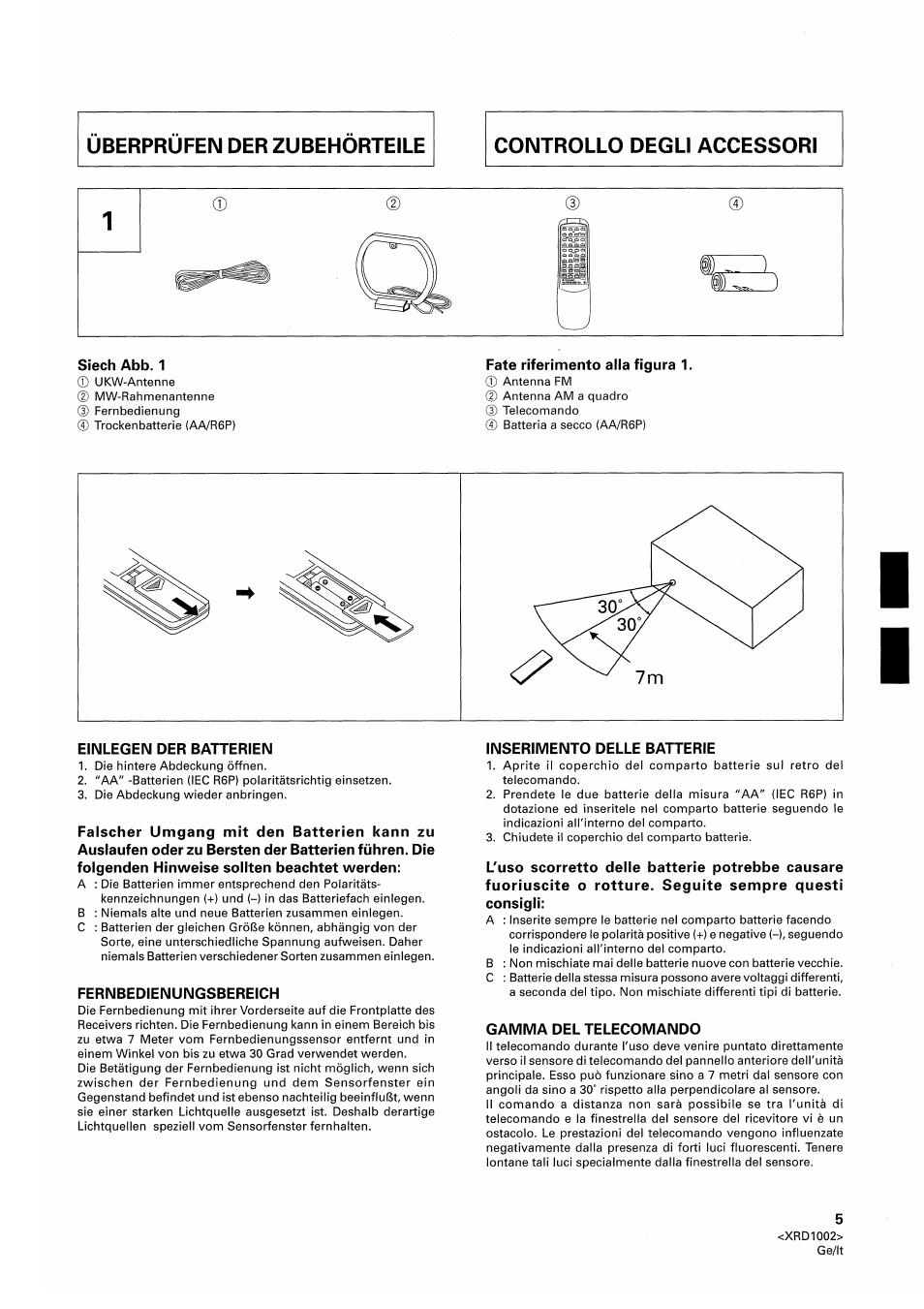 Fate riferimento alla figura 1, Einlegen der batterien, Fernbedienungsbereich | Inserimento delle batterie, Gamma del telecomando | Pioneer SX-209RDS User Manual | Page 5 / 130