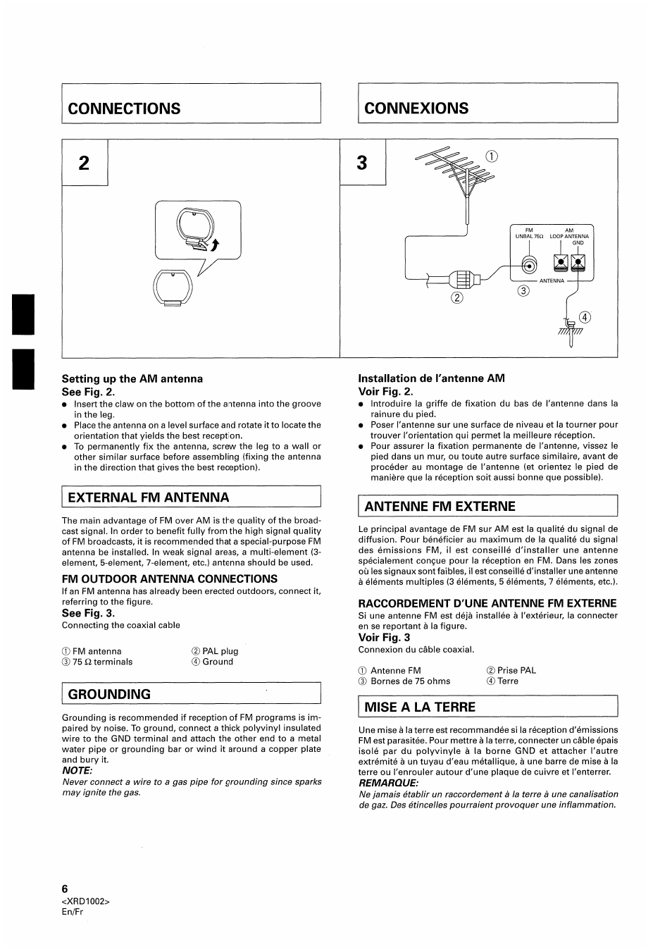 Setting up the am antenna see fig. 2, External fm antenna, Fm outdoor antenna connections | See fig. 3, Installation de l'antenne am voir fig. 2, Antenne fm externe, Raccordement d'une antenne fm externe, Voir fig. 3 | Pioneer SX-209RDS User Manual | Page 6 / 130