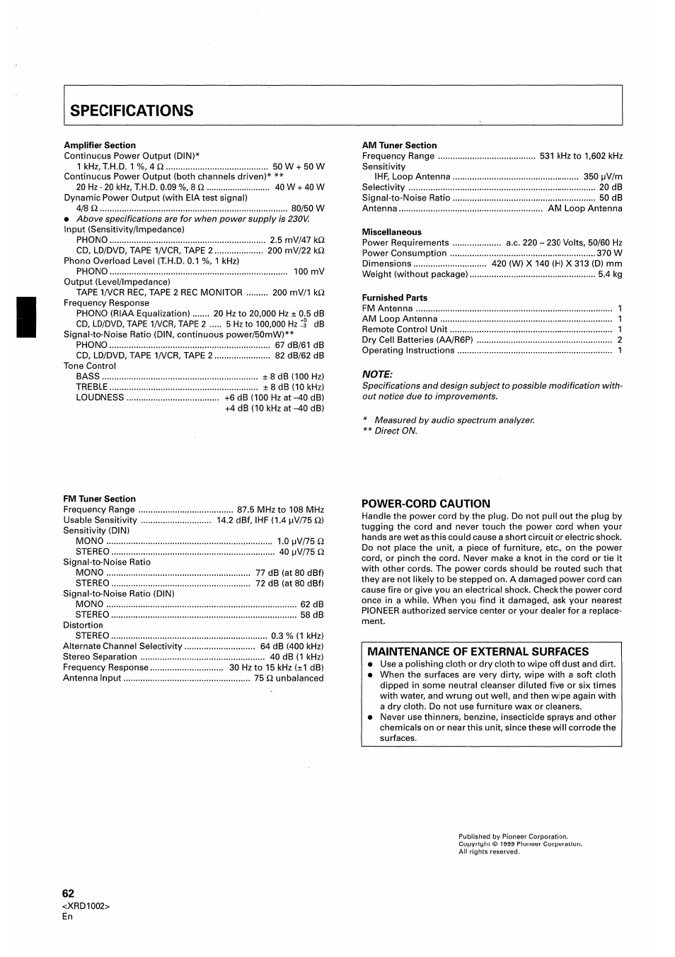 Power-cord caution | Pioneer SX-209RDS User Manual | Page 62 / 130