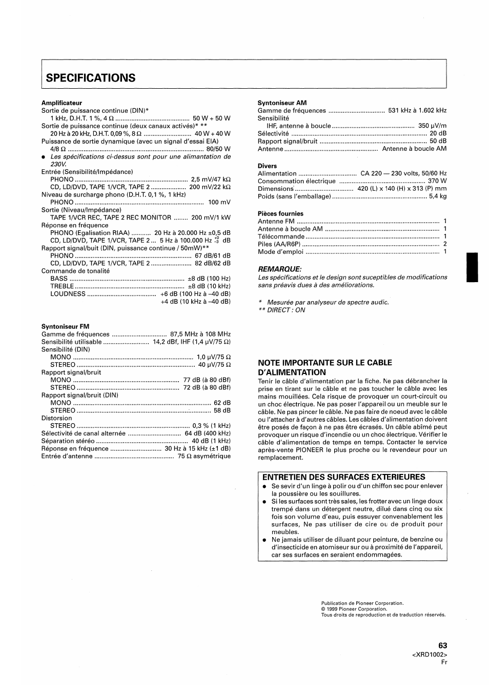 Note importante sur le cable d'alimentation, Entretien des surfaces exterieures | Pioneer SX-209RDS User Manual | Page 63 / 130