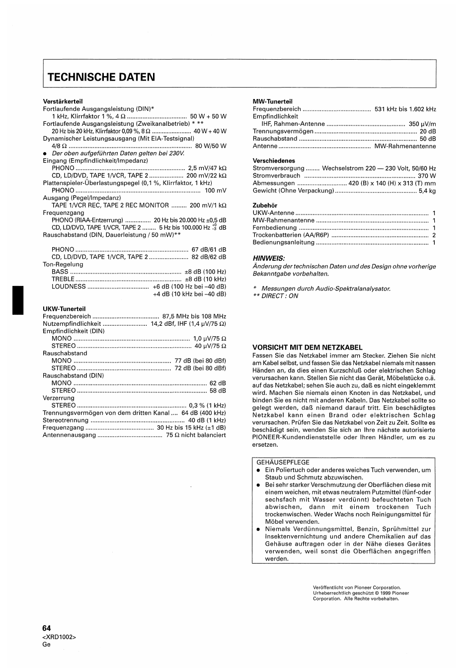 Vorsicht mit dem netzkabel | Pioneer SX-209RDS User Manual | Page 64 / 130