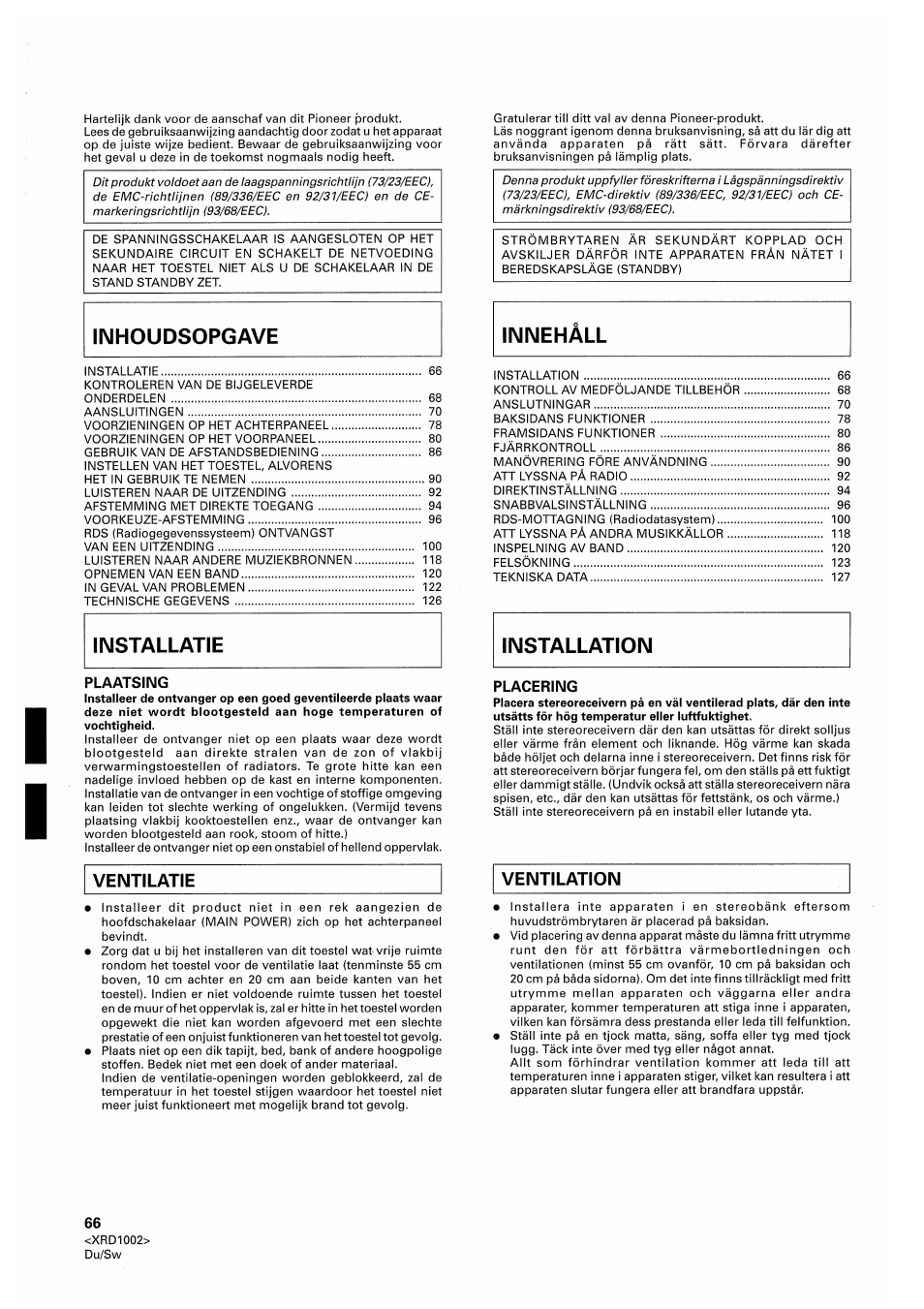 Plaatsing, Ventilatie, Placering | Ventilation, Inhoudsopgave | Pioneer SX-209RDS User Manual | Page 66 / 130