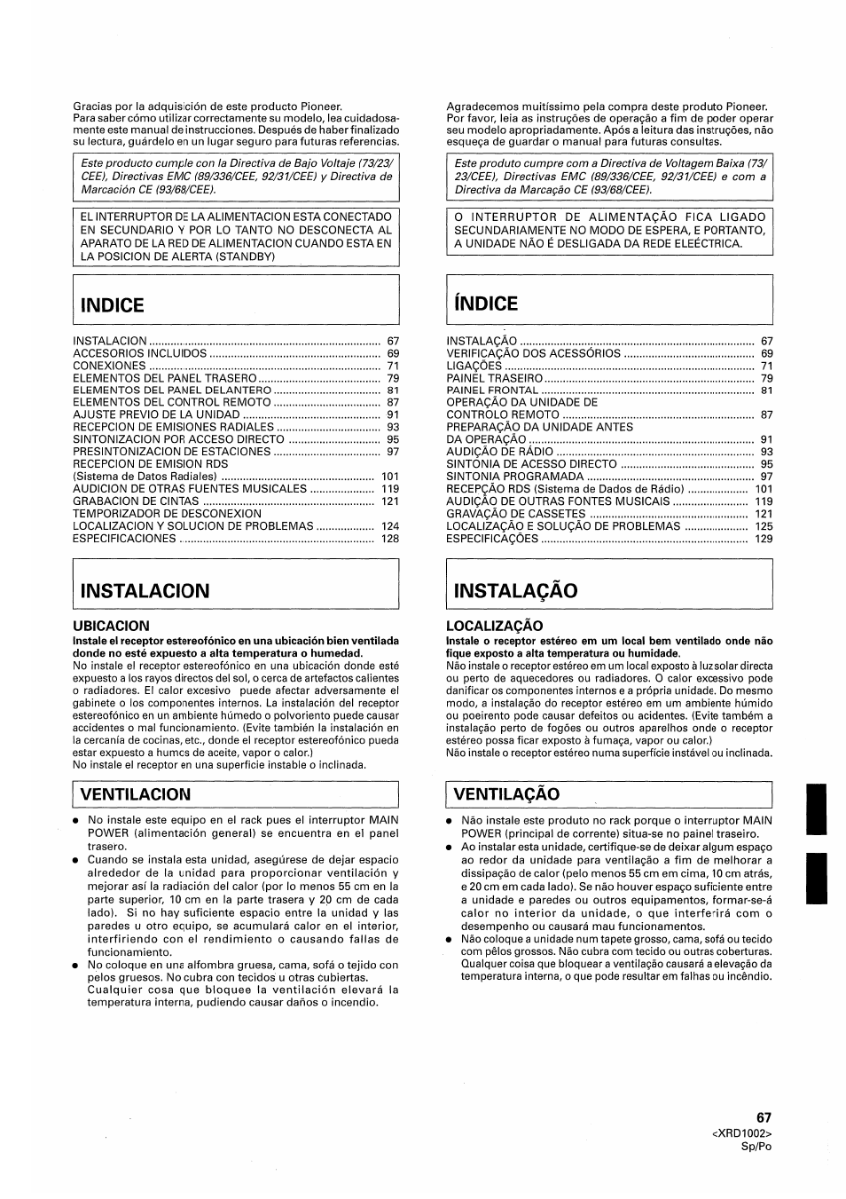 Ubicacion, Localizaqáo, Ventilacion | Ventilaçao | Pioneer SX-209RDS User Manual | Page 67 / 130