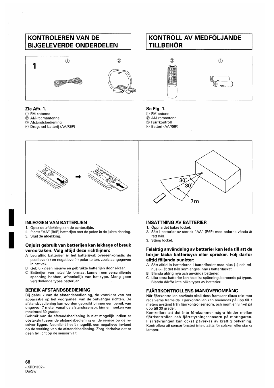 Zieafb. 1, Inleggen van batterijen, Bereik afstandsbedfening | Insattning av batterier, Fjärrkontrollens manöveromfäng | Pioneer SX-209RDS User Manual | Page 68 / 130