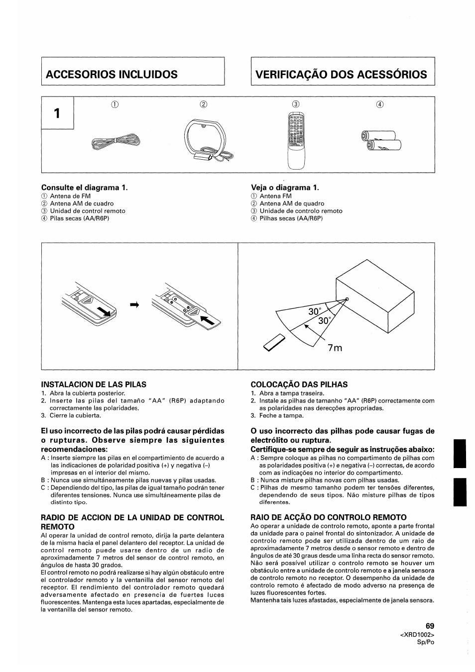 Consulte el diagrama 1, Veja o diagrama 1, Instalacion de las pilas | Radio de accion de la unidad de control remoto, Colocaqào das pilhas, Raid de acqào do controlo remoto | Pioneer SX-209RDS User Manual | Page 69 / 130