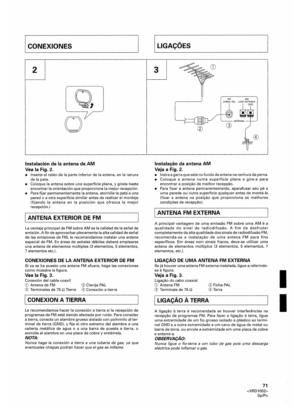 Instalación de la antena de am vea la fíg. 2, Lnstala9áo da antena am veja a rg. 2, Conexiones de la antena exterior de fm | Vea la fig. 3, Ligaçao de uma antena fm externa, Veja a fig. 3 | Pioneer SX-209RDS User Manual | Page 71 / 130